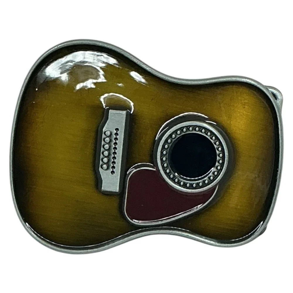 Mens Guitar Shaped Belt Buckle Brown Enamel Music‎